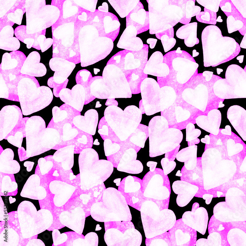 Watercolor seamless pattern with hearts. Bright watercolor romantic texture. ...