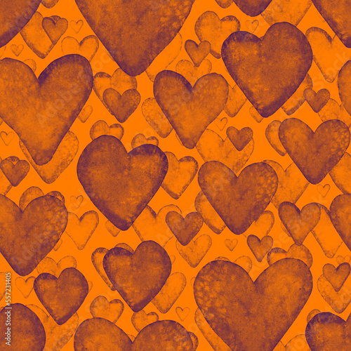 Watercolor seamless pattern with hearts. Bright watercolor romantic texture. ...