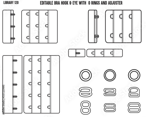 SET OF HOOK AND EYE AND O RINGS ADJUSTER AND REMOVABLE CLASPS IN EDITABLE VECTOR 