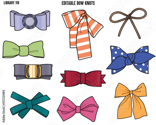 SET OF BOW KNOTS AND DRAWSTRING TIE UPS USED FOR WAIT BAND AND BACK TIE UPS DESIGNED FOR GARMENTS DRESSES TOPS AND APPARELS IN EDITABLE VECTOR 
