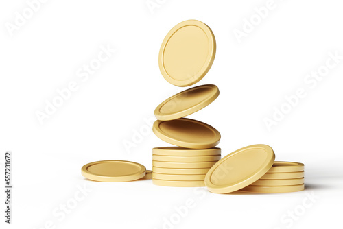 Moving empty golden tokens forming a stack. Nice template for cryptocurrency and growing banking concepts. High quality 3D rendering.
