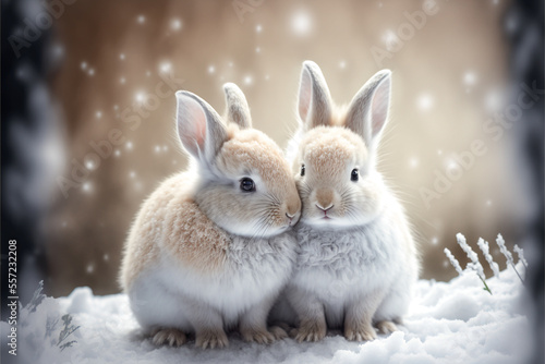 two tiny and cute snow bunnies are cuddling. Generative AI © pcperle