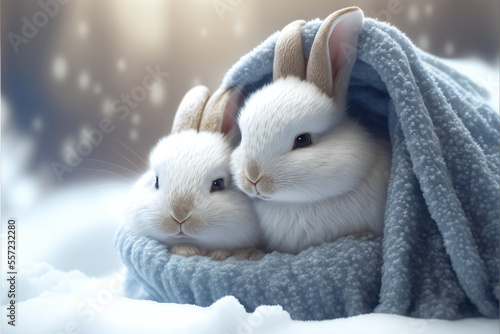 two tiny and cute snow bunnies are cuddling. Generative AI