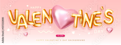 Happy Valentines Day poster with 3D letters and gold love hearts. Holiday greeting card. Vector illustration photo