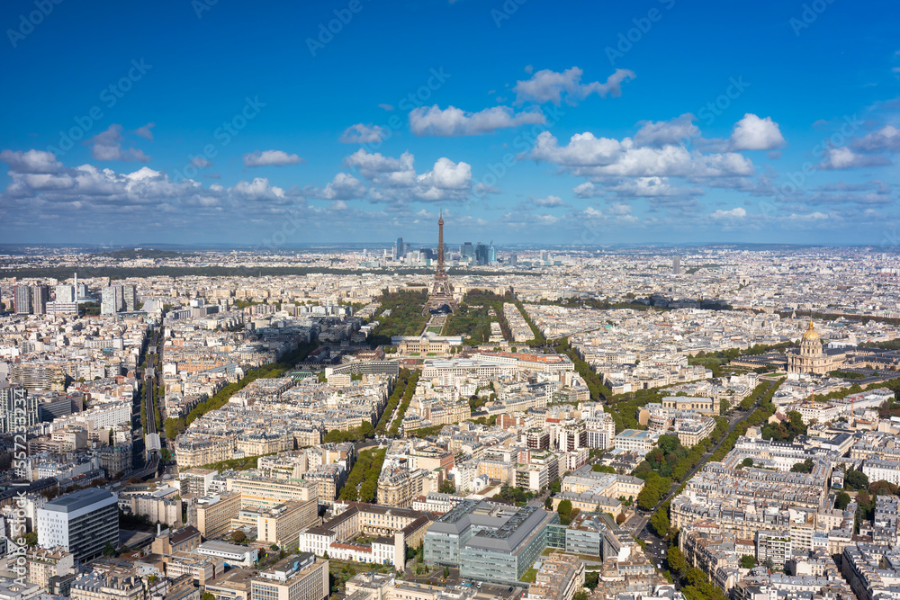 Amazing panorama of Paris with Eiffel Tower at sunny day. France