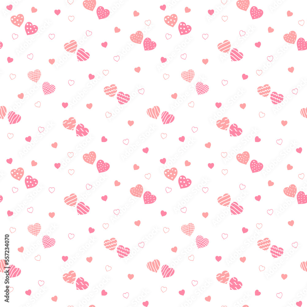 Seamless pattern of cute drawn hearts. Gentle romantic background for Valentine's Day. Suitable for fabric, wallpaper, wrapping paper, packaging, textiles, banners, greeting cards, invitations 