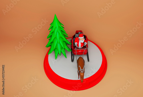 Christmas tree and red sleigh with gift box 3d illustration 