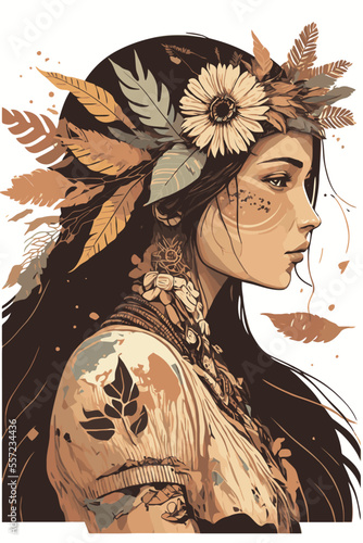 boho indian tribal girl portrait with feathers in hair and wearing traditional poncho