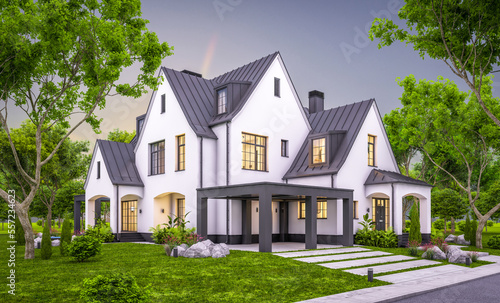 3d rendering of cute cozy white and black modern Tudor style house with parking and pool for sale or rent with beautiful landscaping. Fairy roofs. Clear summer evening with cozy light from window