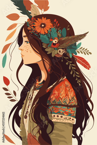 boho indian tribal girl portrait with feathers in hair and wearing traditional poncho