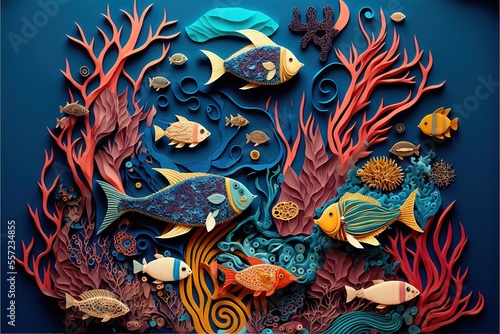 Paper cut craft, underwater scene with fish (Generative AI) © Kaessa