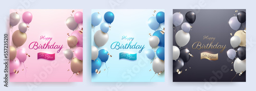 Set of Happy birthday celebration banner with realistic colorful balloons for social media post