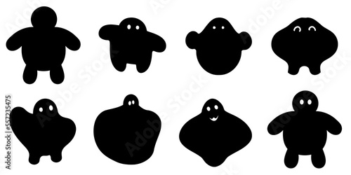 A collection of shapes and silhouettes of black blobs resembling ghosts, creatures and people.
