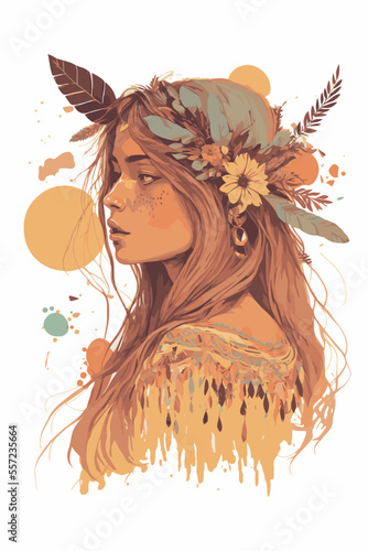 boho indian tribal girl portrait with feathers in hair and wearing traditional poncho