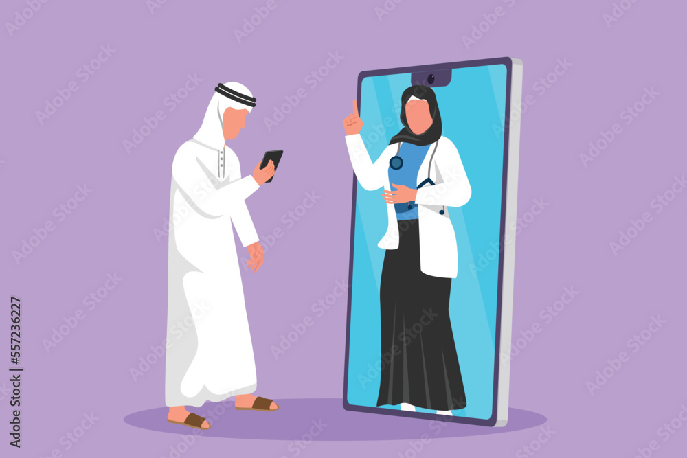 Cartoon flat style drawing male patient holding smartphone standing facing smartphone screen and consulting Arab female doctor. Doctor online or digital healthcare. Graphic design vector illustration Cartoon flat style drawing male patient holding smartphone standing facing smartphone screen and consulting Arab female doctor. Doctor online or digital healthcare. Graphic design vector illustration