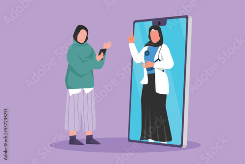 Character flat drawing Arabian female patient holding smartphone standing facing giant smartphone and consulting female doctor. Doctor online or digital healthcare. Cartoon design vector illustration