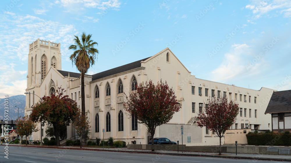 First Congregational Church building exterior shown in the City of Pasadena, Los Angeles County, California.