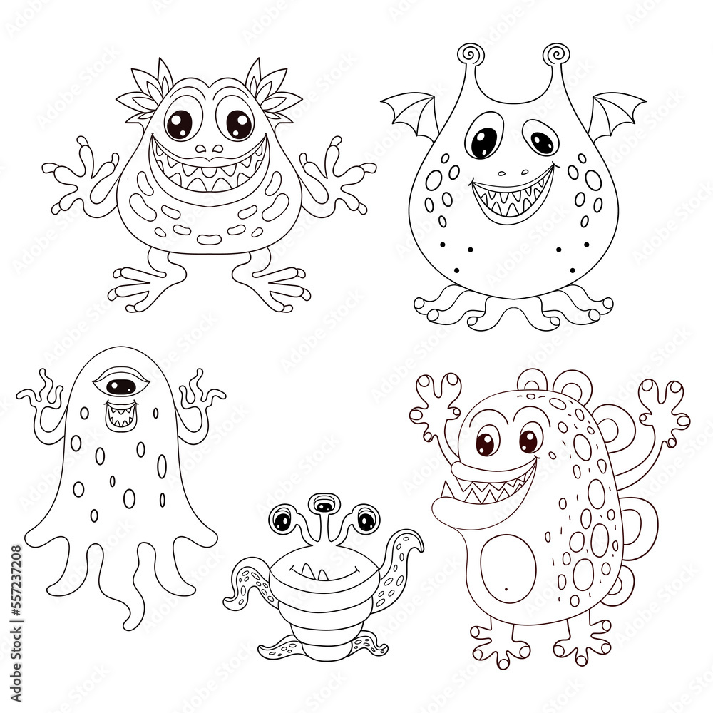 Set of alien, cartoon, funny monsters. Black and white linear drawing. For kids design of coloring books, prints, posters, stickers. Vector