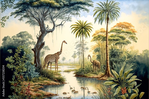 African tropical rainforest scene depicted in a 3D watercolor painting with trees close to a river and giraffes. Generative Ai © Concept Killer