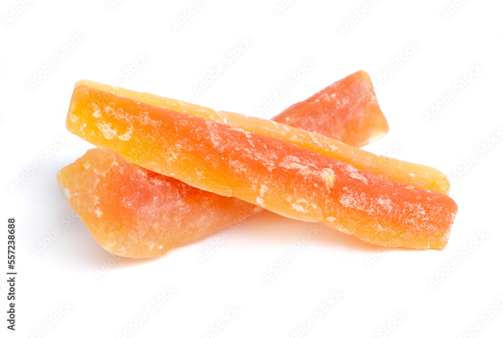 Dried Papaya pieces. Isolated on white background Dried Papaya pieces. Isolated on white background