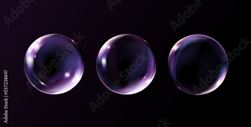Bubbles isolated on black background. Realistic transparent soap bubble with glares. Bubbles illustration vector.