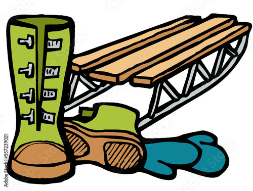 cartoon winter sled, snow boots, and mitten
