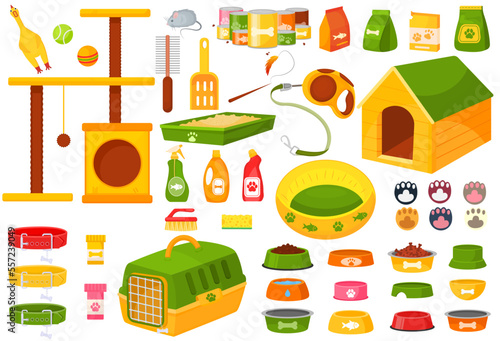 Vector tools for the pet store. Cartoon pet carriers and toys. The concept of pet care. A design element for a website, application, etc.