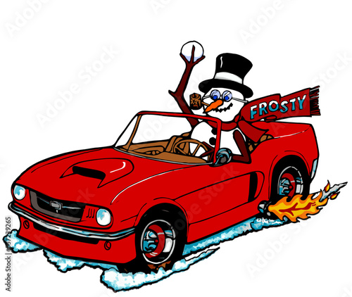 cartoon snowman driving a red sports car