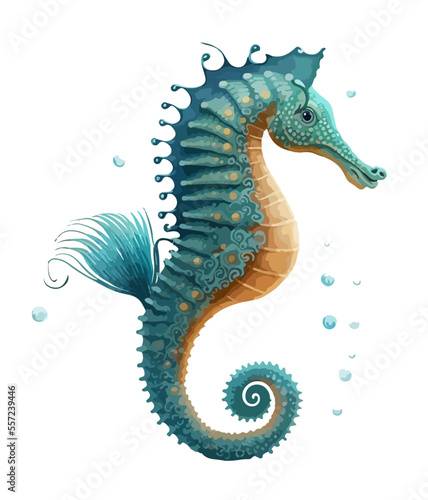 Blue cartoon seahorse isolated on white background. Vector illustration, print for background, print on fabric, paper, wallpaper, packaging.