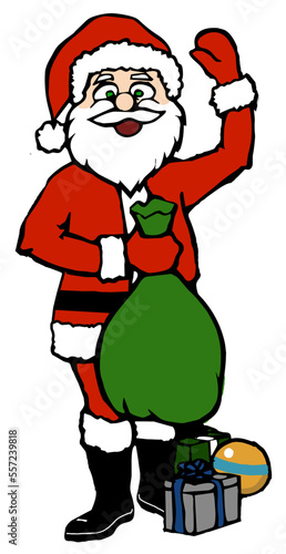 cartoon skinny santa claus waving with green bag