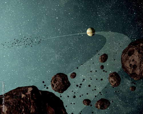 The Jovian Trojans are asteroids that share the same orbit as Jupiter around the Sun. Known for their dark burgundy color, matte surfaces. 3d illustration. Digitally enhanced Elements of image by NASA photo
