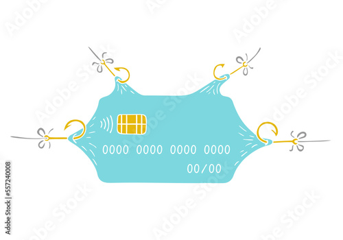 A credit card is caught by many fishing hooks. Theft of funds from credit and bank cards. Fraud, phishing. Phishing scam. Freehand drawing. Doodle. Hand Drawn.	

