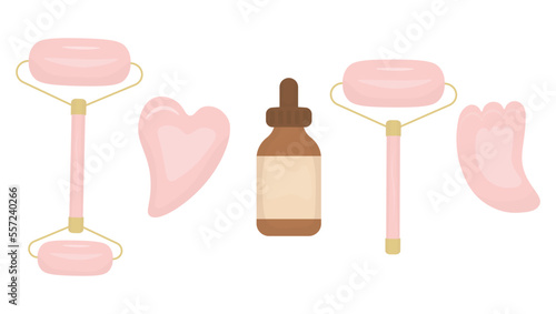 Face massage set, vector illustration. Face massagers and healing serum. Beauty product pink set. 
