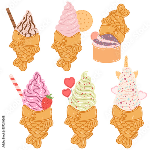 Set of taiyaki fish-shaped ice cream cone in cartoon flat style. Hand drawn vector illustration of traditional Japanese food, sweet, dessert