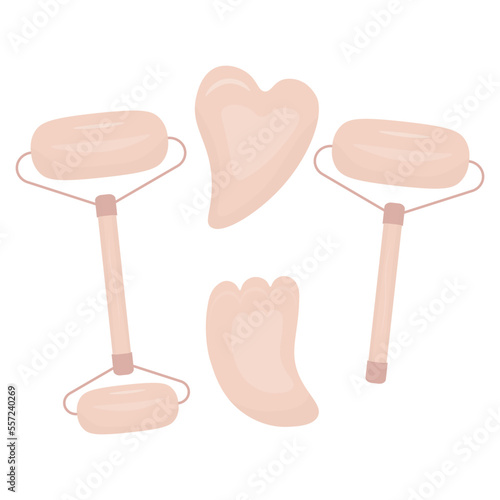 A set of elements for performing cosmetic massage gua sha at home. Vector illustration Isolated on white background. Skin care, beauty concept. 