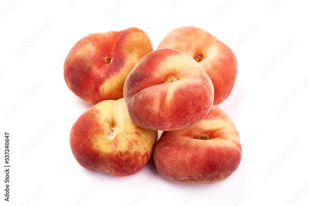 Flat Peaches, ripe nectarines, isolated on white background. Flat Peaches, ripe nectarines, isolated on white background.