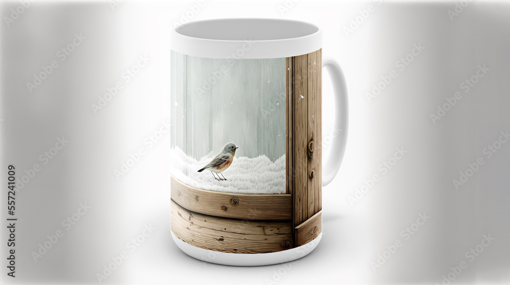 Generic Hot Chocolate, Tea, Or Coffee Mug With Bird In Snow, View Through Window, In Winter, Made With Generative AI Generic Hot Chocolate, Tea, Or Coffee Mug With Bird In Snow, View Through Window, In Winter, Made With Generative AI