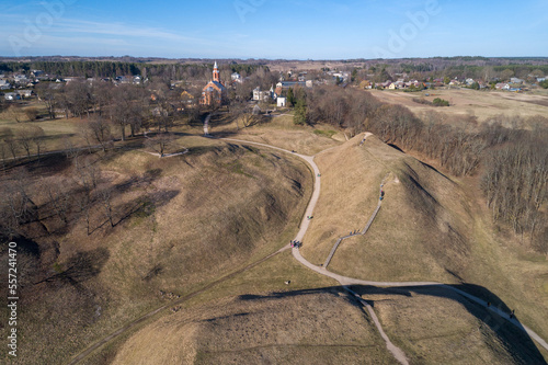 Early Spring Aerial view of Kernave Archaeological site, a medieval capital of the Grand Duchy of Lithuania. UNESCO World Heritage Site. Drone photo
