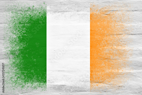 Flag of Ireland. Flag painted on a white plastered brick wall. Brick background. Copy space. Textured background