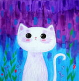 Artistic painting white cat with big eyes in purple magic garden. Picture contains interesting idea, evokes emotions, aesthetic pleasure. Canvas stretched, cardboard, oil natural paints. Concept art