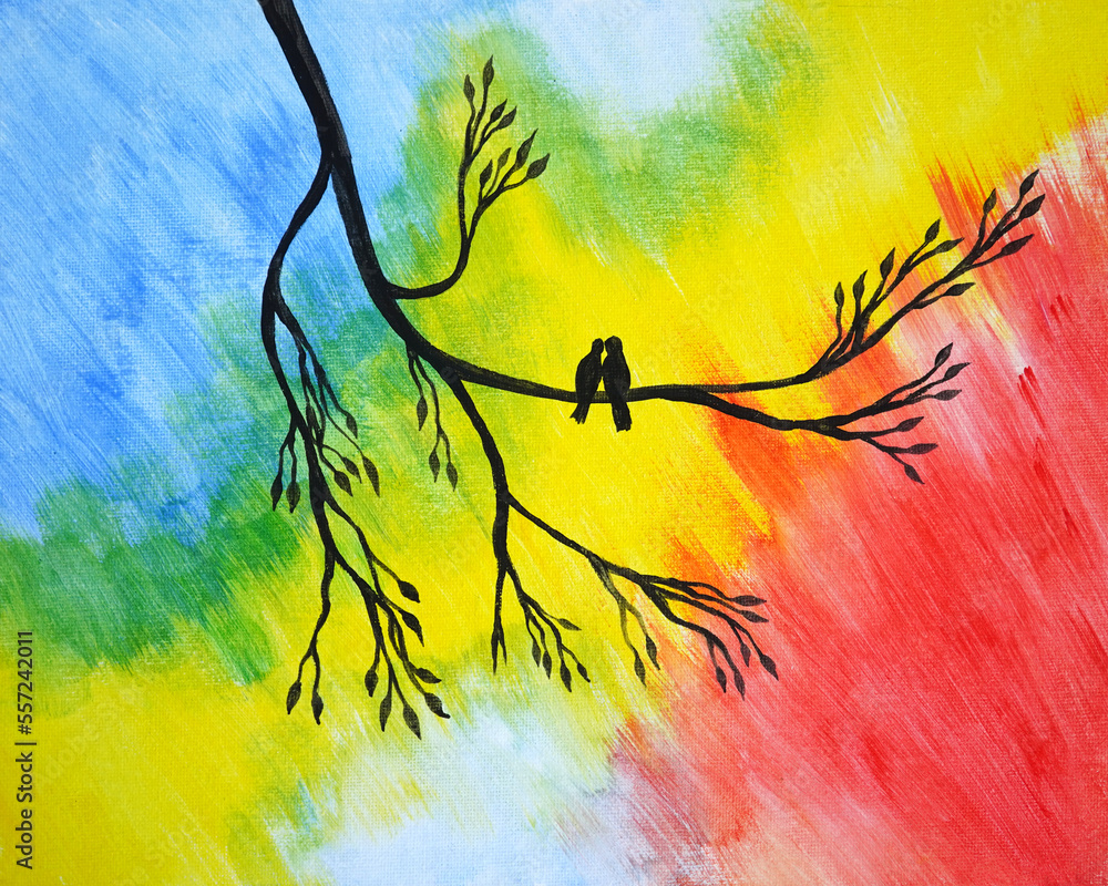 Artistic painting two birds are sitting on a branch, bright autumn