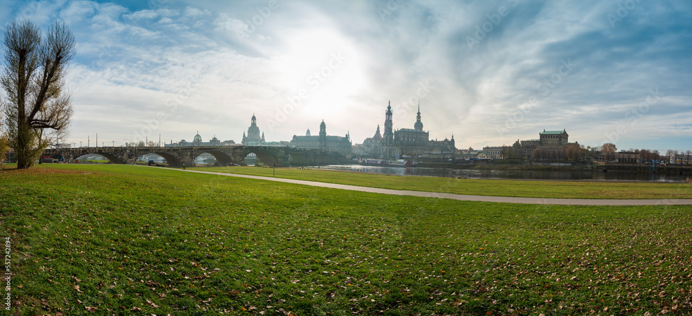 Dresden Germany Panorama landscape with Dresden and Elbe river in a winter morning. Dresden Germany Panorama landscape with Dresden and Elbe river in a winter morning.