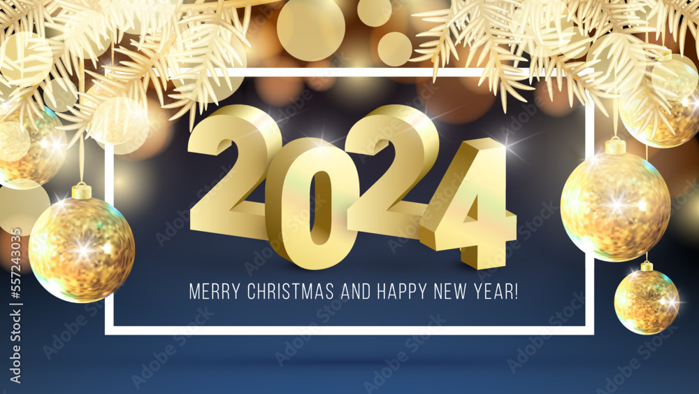 Vecteur Stock Merry Christmas and Happy New Year 2024 gold design