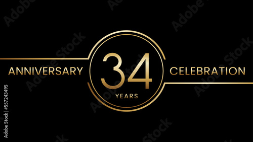 34 year anniversary. Anniversary template design with golden ring. Logo Vector Illustration