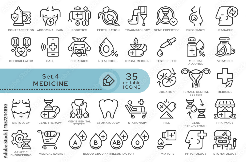 Set of conceptual icons. Vector icons in flat linear style for web sites, applications and other graphic resources. Set from the series - Medicine and Health. Editable outline icon.	