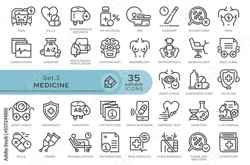 Set of conceptual icons. Vector icons in flat linear style for web sites, applications and other graphic resources. Set from the series - Medicine and Health. Editable outline icon.	