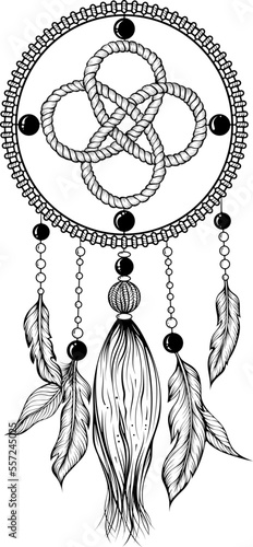 Amulet of the Dream catcher with feathers and celtic rope knot. Vector illustrations in hand drawn sketch doodle style isolated on white. Ethnic tribal illustration, traditional symbol
