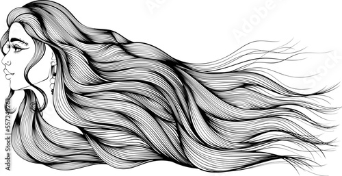 Profile of a girl with long hair. Vector illustrations in hand drawn sketch doodle style. Luxurious hair style in line art isolated on white coloring book page. Design for hair salons, beauty, fashion