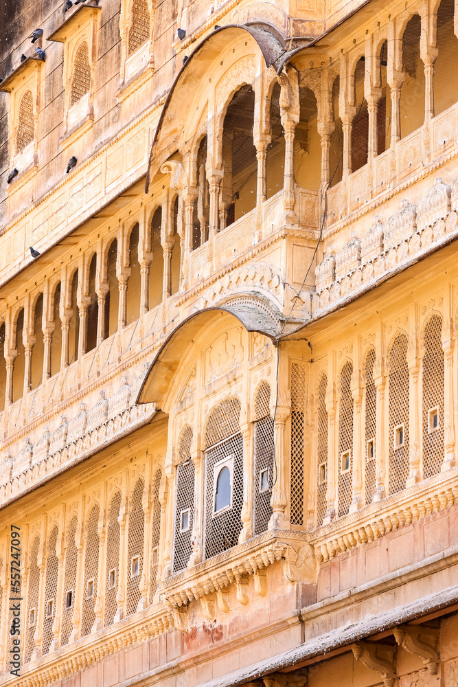 Exterior architecture of historic Junagarh fort in Bikaner, Rajasthan, India built in 1594