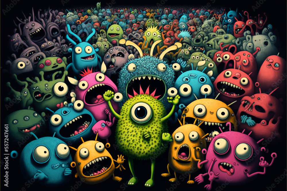 Title: Nightmare alien monsters at the concert having fun. Overview of a crowd of monsters screaming and dancing. Generative AI illustration


